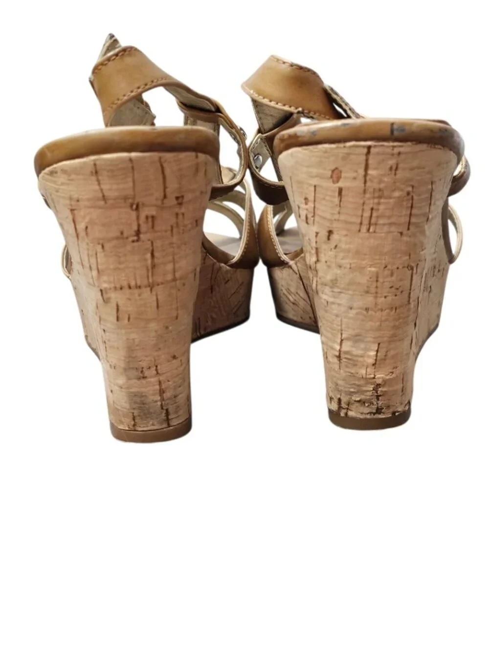 Guess Strappy Kayce Cork Wedge Platform Heel Slingback Sandals Tan Size 11